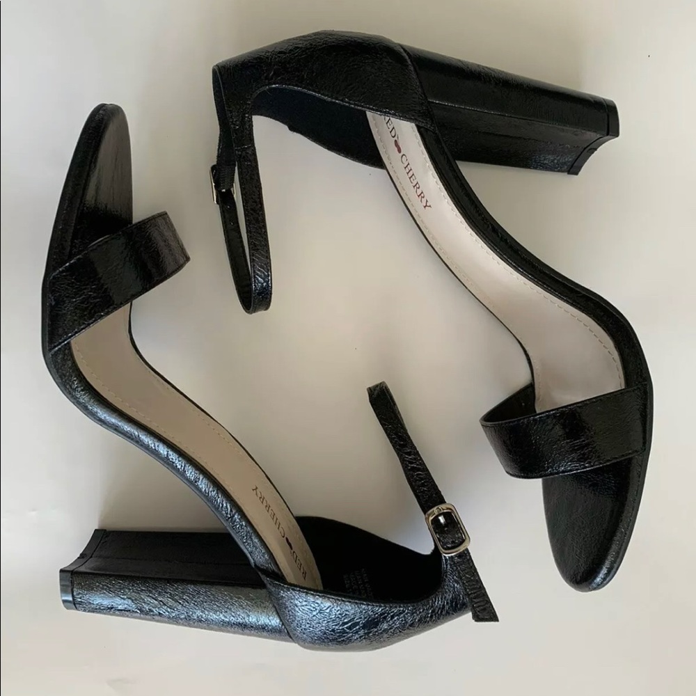 Red Cherry Ankle Strap Black Block Sandals 11